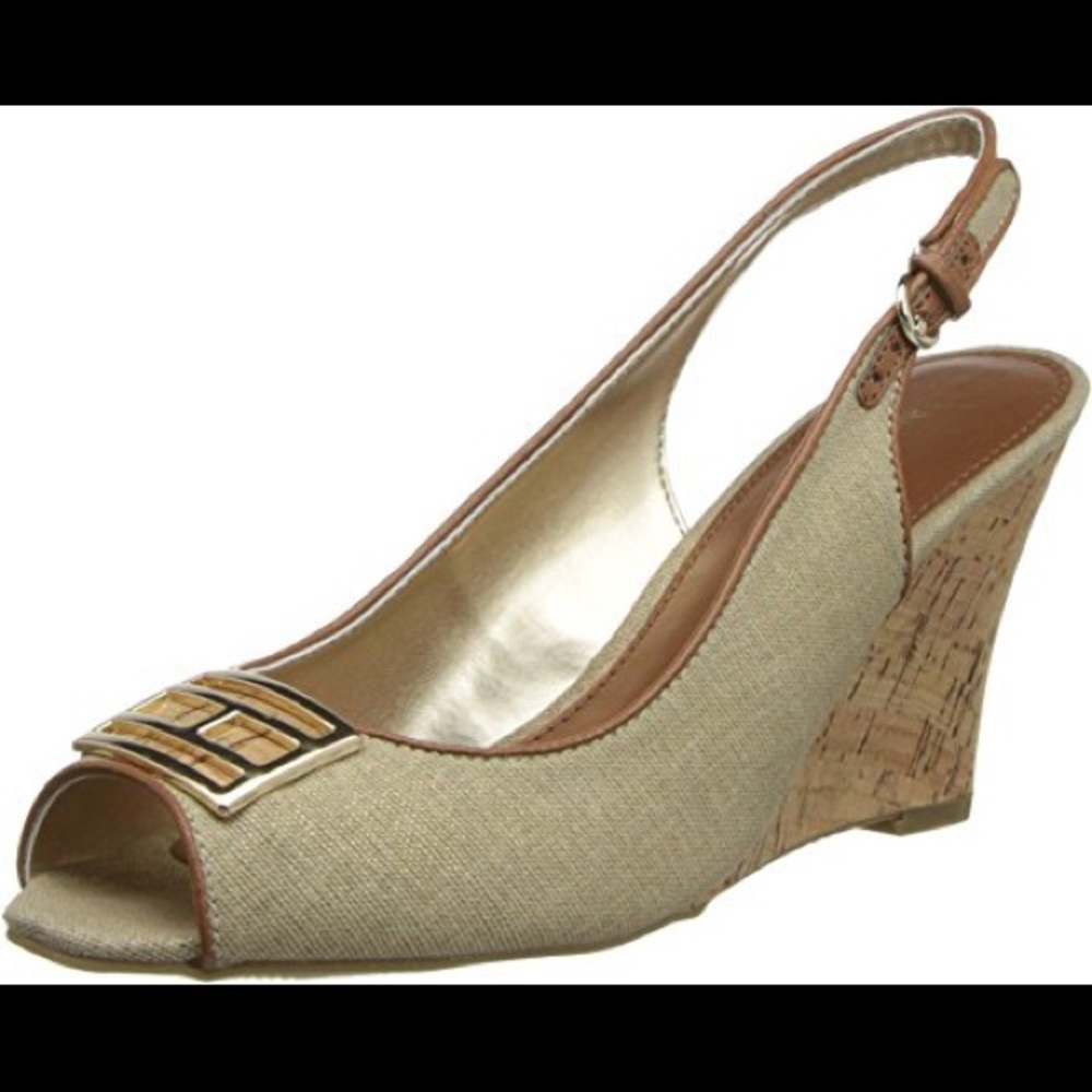 COPY - Tommy Hilfiger Violeta Slingback Wedge Heel Peeptoe beige strap gold cor…
